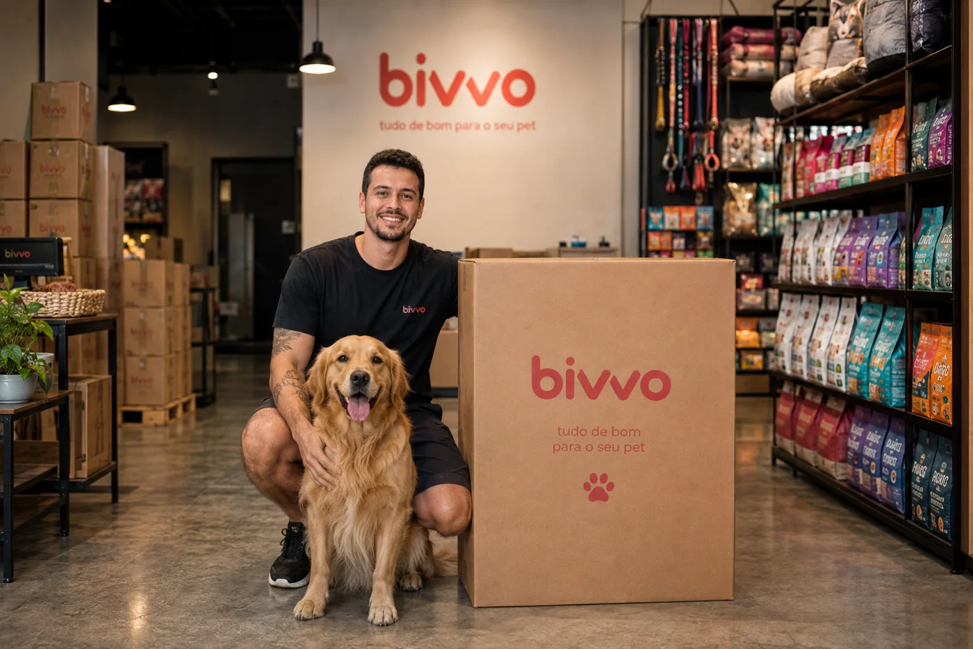 Fachada e interior da loja física da Bivvo Pet