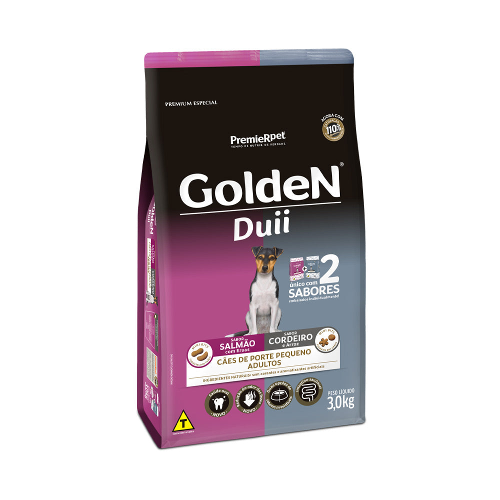 Ração Golden Duii Mini Bits para Cães Adultos de Porte Pequeno Sabor Salmão com Ervas e Cordeiro com Arroz - 3kg