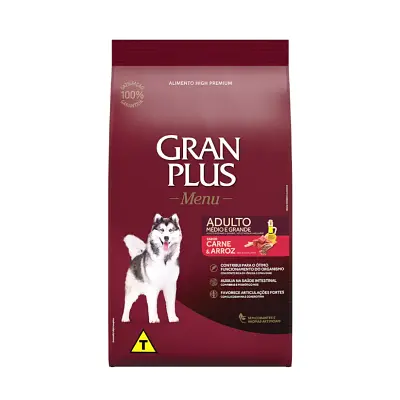 Ração Gran Plus Menu Cães Adultos Raças Médias e Grandes Carne e Arroz 15kg
