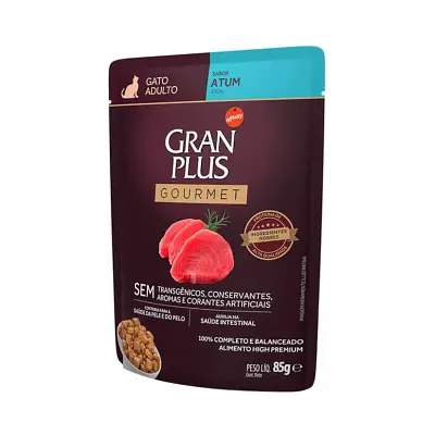 Ração Úmida Gran Plus Gourmet Gatos Adultos Atum Sachê 85g com 20 Unidades