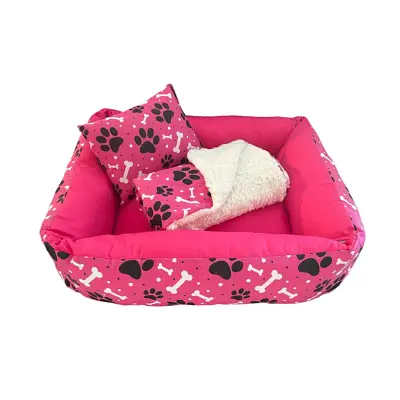 Kit Cama Manta Travesseiro CamaPet para Cães e Gatos Ossinho Pink M
