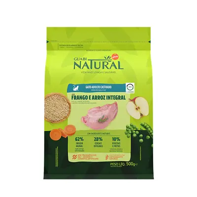 Ração Guabi Natural Gatos Castrados Frango e Arroz Integral 500g