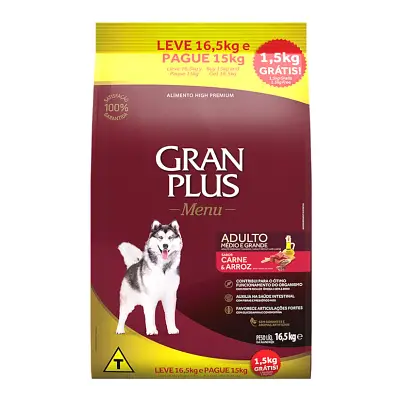 Ração Gran Plus Menu Cães Adultos Porte Médio e Grande Carne e Arroz Leve 16,5kg e Pague 15kg