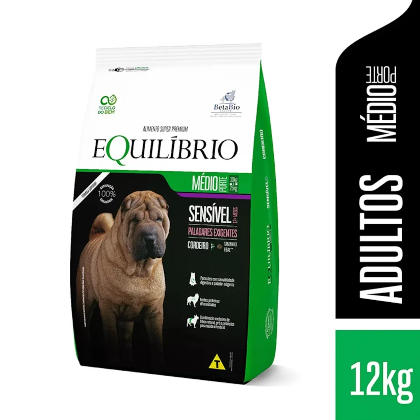 Ração Equilíbrio Sensível Cães Adultos Cordeiro Raças Médias 12kg