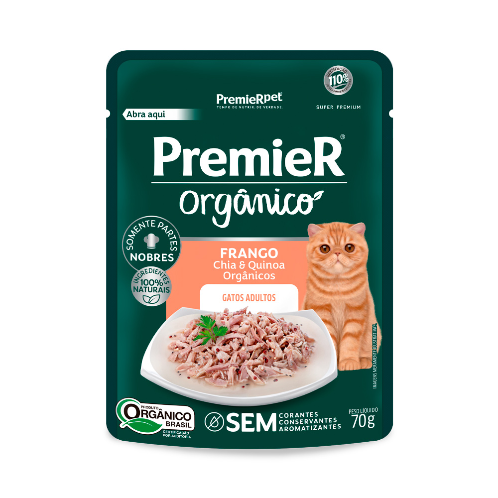 Ração Úmida Premier Orgânico para Gatos Adultos Sabor Frango, Chia e Quinoa 70g