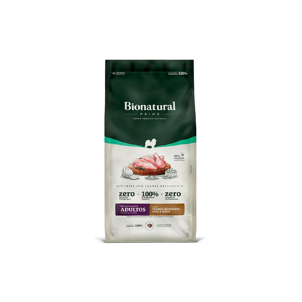 Ração Bionatural Prime para Cães Adultos de Raças Pequenas Sabor Frango, Blueberry, Coco e Aveia