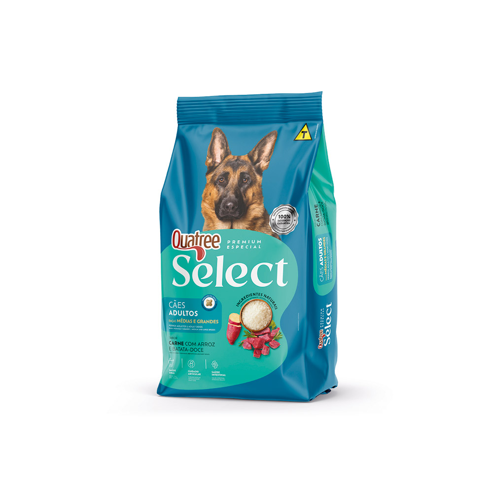 Ração Quatree Select para Cães Adultos de Porte Médio e Grande Sabor Carne com Arroz e Batata Doce