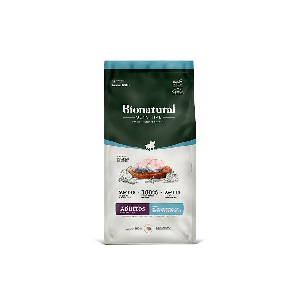 Ração Bionatural Sensitive para Cães Adultos de Raças Pequenas Sabor Peixe Branco, Coco, Blueberry e Ervilha