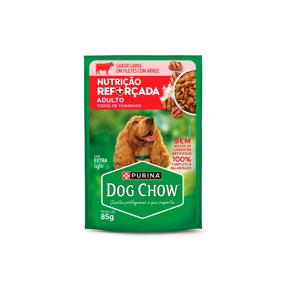 Ração Úmida Dog Chow Nutrição Reforçada para Cães Adultos Sabor Carne em Filetes com Arroz 85 g