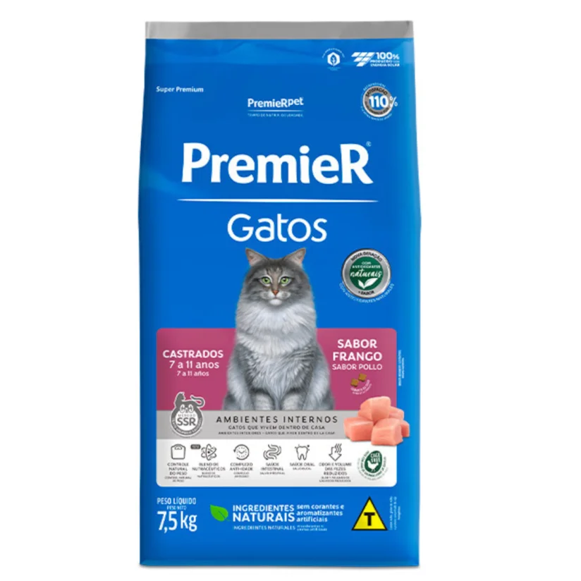 Ração Premier Gatos Castrados 7 a 11 Anos Ambientes Internos Frango 7,5kg