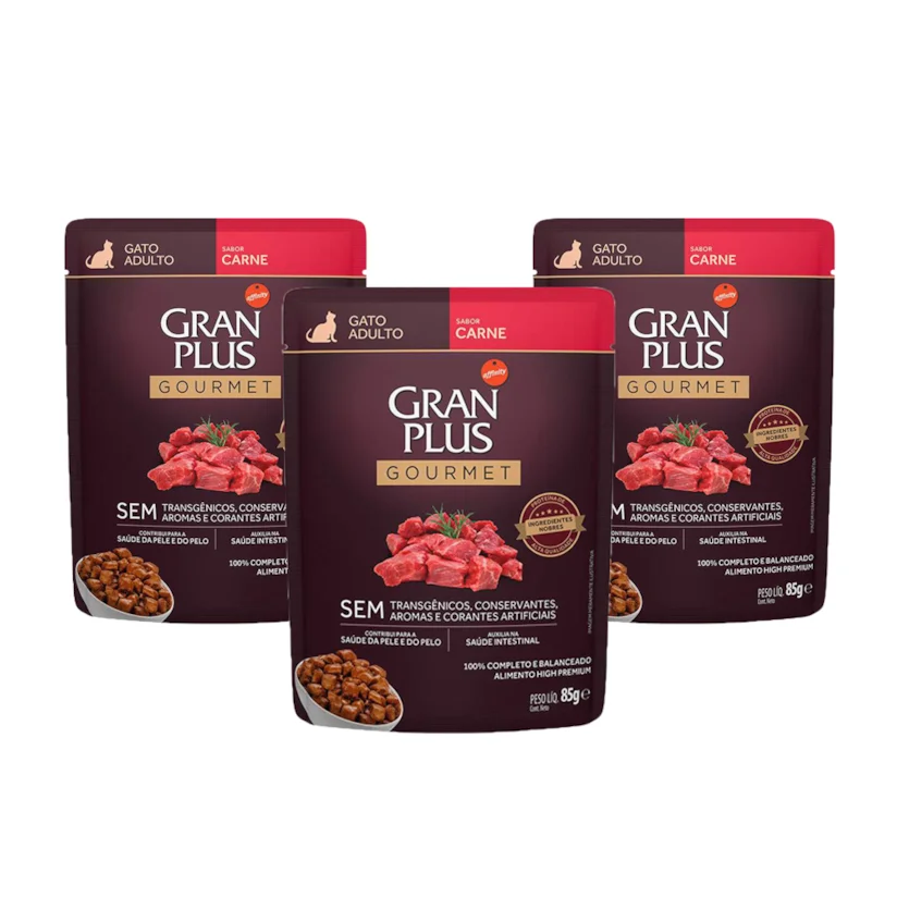 KIT 3 Rações Úmidas Gran Plus Gourmet Gatos Adultos Carne Sachê 85g
