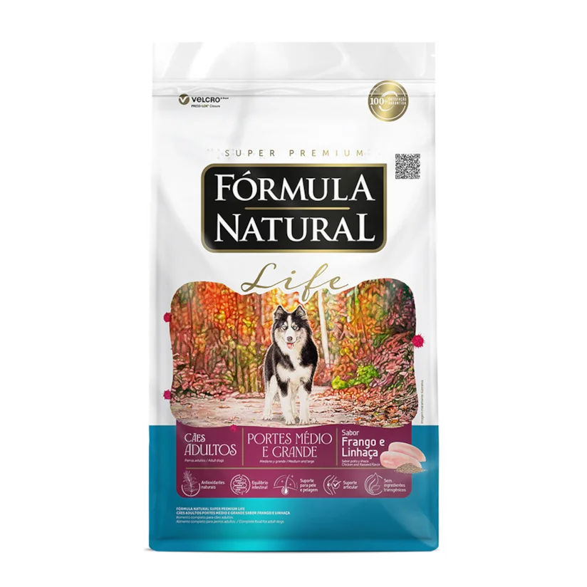 Ração Fórmula Natural Life Cães Adultos Raças Médias e Grande Sabor Frango e Linhaça 15kg