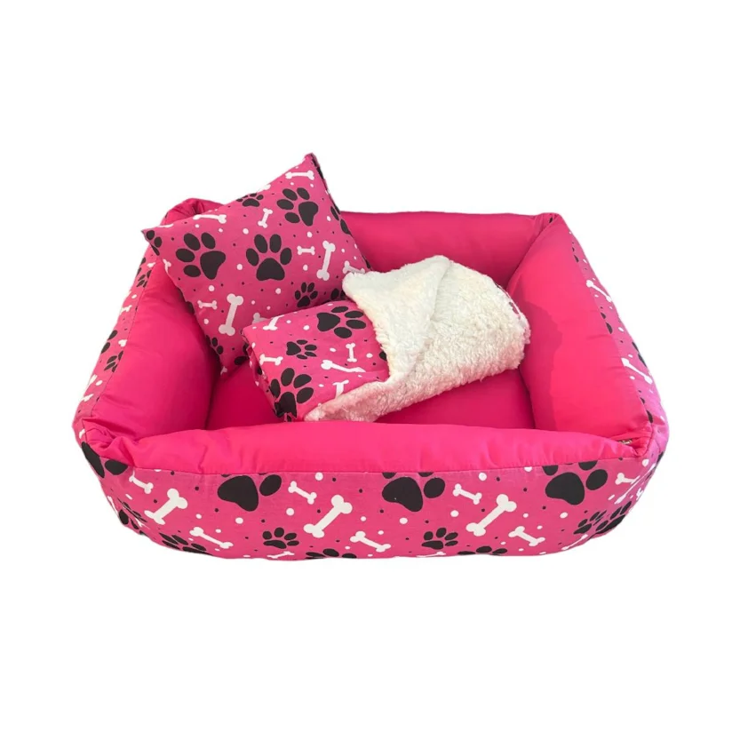 Kit Cama Manta Travesseiro CamaPet para Cães e Gatos Ossinho Pink M