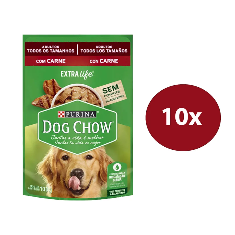 Ração Úmida Nestle Purina Dog Chow Adultos Carne Sachê 100g com 10 Unidades