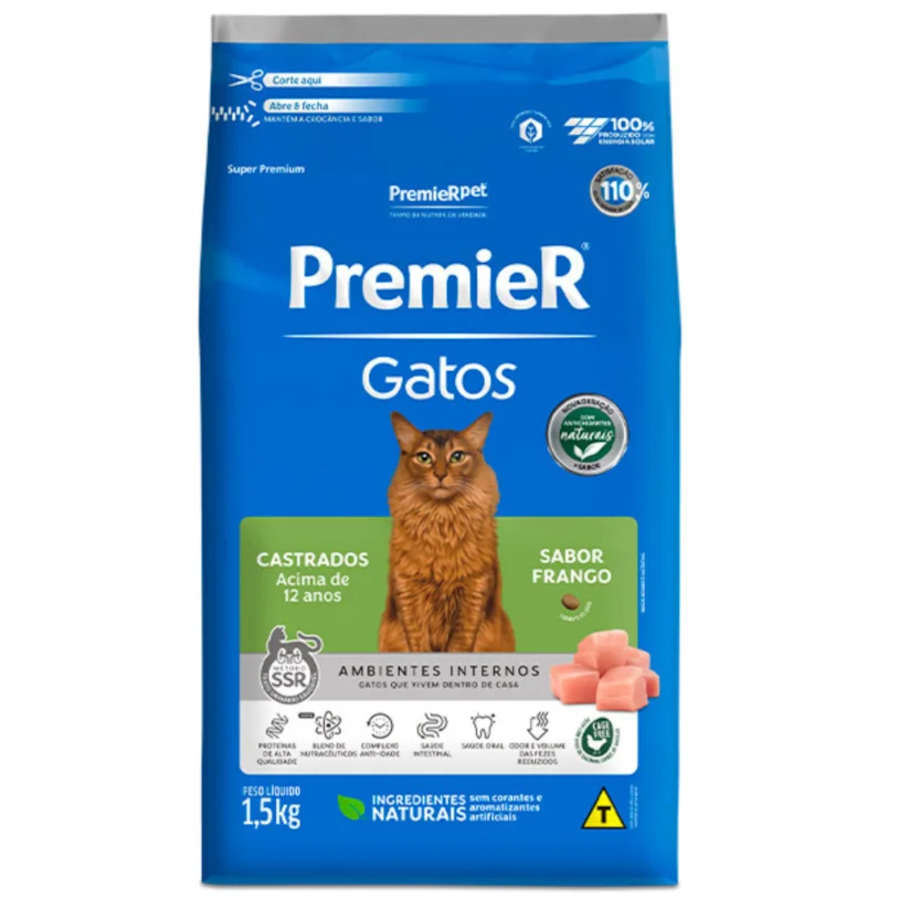 Ração Premier Gatos Castrados Acima 12 Anos Ambientes Internos Frango - 1,5kg