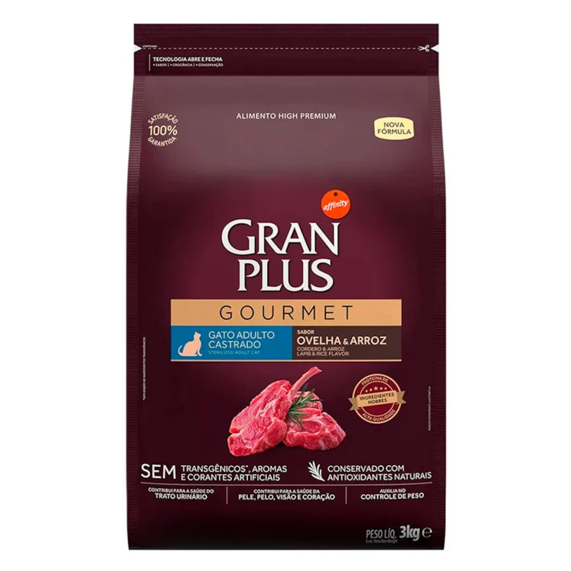 Ração Gran Plus Gourmet Gatos Adultos Castrados Ovelha e Arroz 3kg