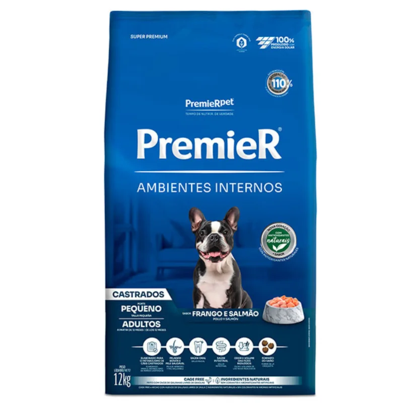 Ração Premier Ambientes Internos Cães Adultos Castrados Raças Pequenas Frango e Salmão 12Kg