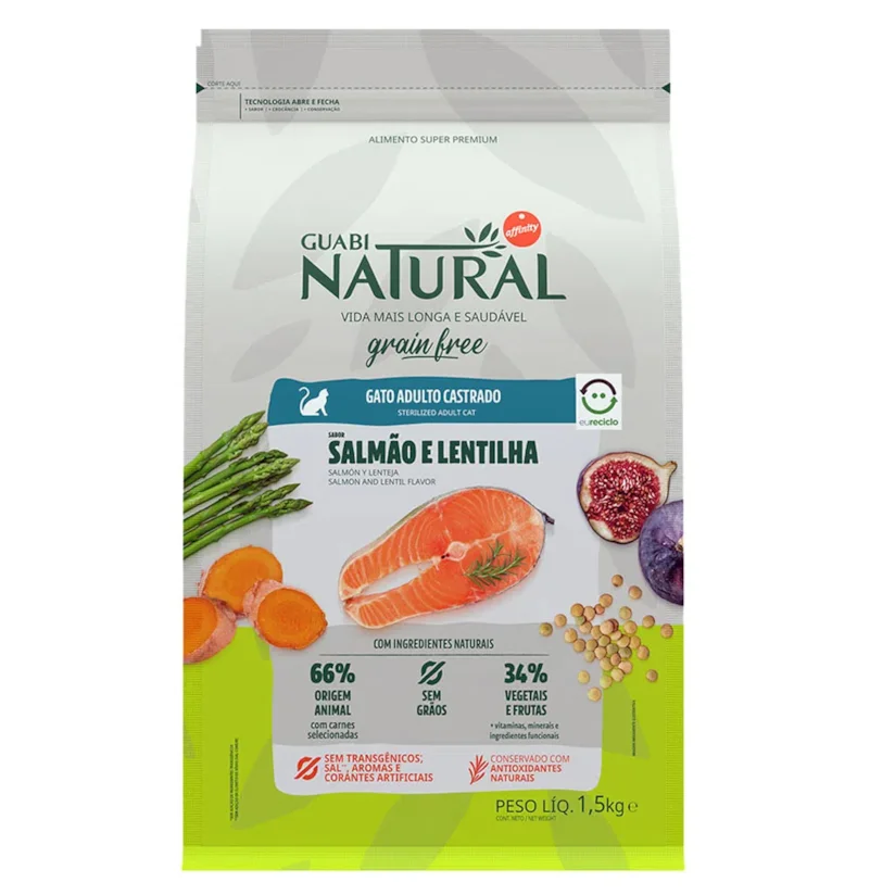 Ração Guabi Natural Gatos Grain Free Castrados Salmão e Lentilha 1,5kg
