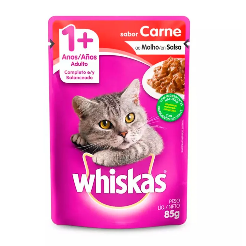 Ração Úmida Whiskas Gatos Adultos Carne ao Molho Sachê 85g