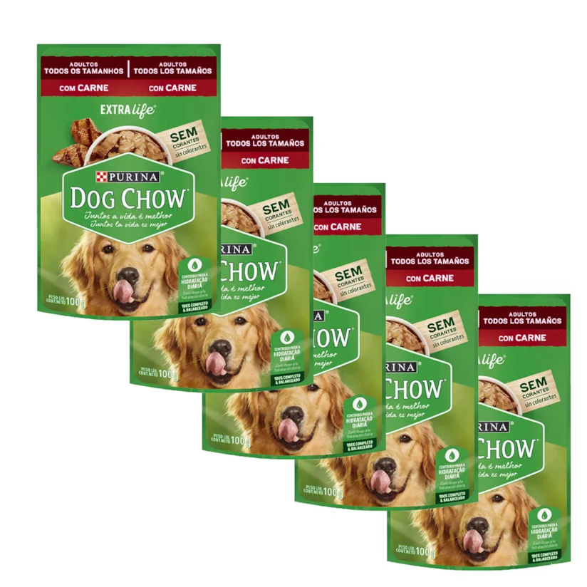 Ração Úmida Nestle Purina Dog Chow Adultos Carne Sachê 100g com 5 Unidades