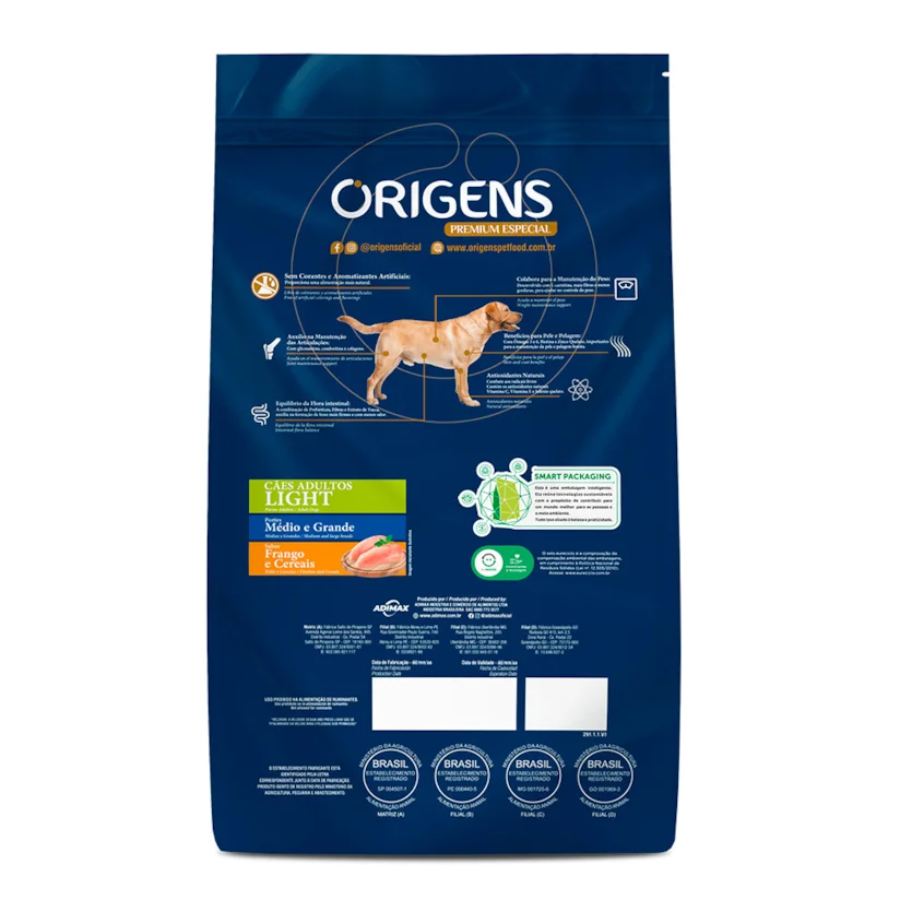 Ração Origens Cães Adultos Light Raças Médias e Grandes Frango e Cereais 3kg