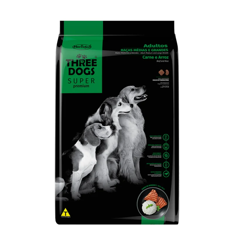 Ração Cães Three Dogs Super Adultos Raças Médias e Grandes Carne e Arroz 3kg