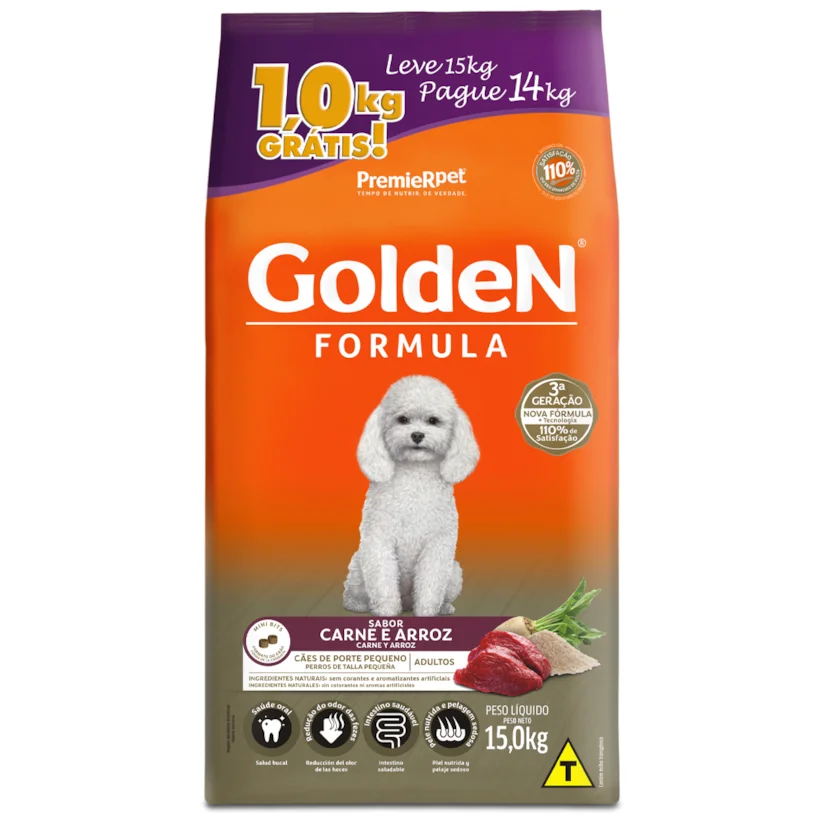 Ração Premier Golden Fórmula Mini Bits para Cães Adultos Carne e Arroz Leve 15kg e Pague 14kg