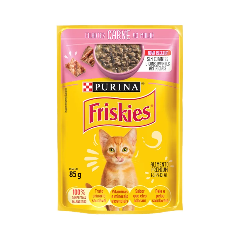 Ração Úmida Nestle Purina Gatos Friskies Filhotes Carne ao Molho Sachê 85g