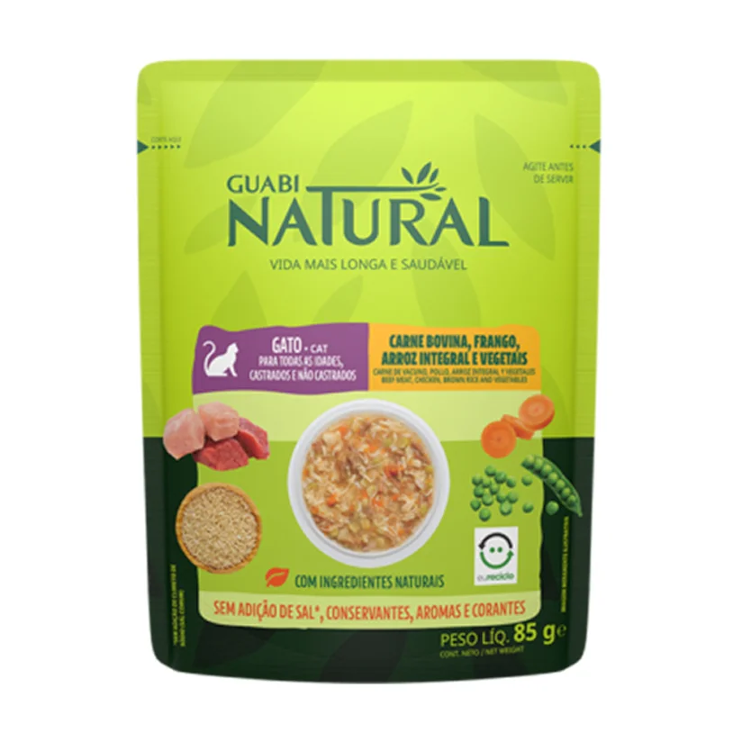 Ração Úmida Guabi Natural Gatos Carne e Frango e Vegetais 85g